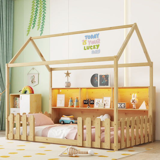 Twin Size House Bed with LED Light, Wood House Bed with Storage Bookshelf, Floor House Bed with Guardrails for Kids, Natural (Expect Arrival Date 2025/3/14)