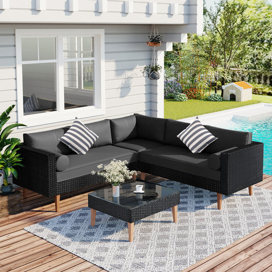 4-pieces Outdoor Wicker Sofa Set, Patio Furniture with Colorful Pillows, L-shape sofa set, Gray cushions and Black Rattan