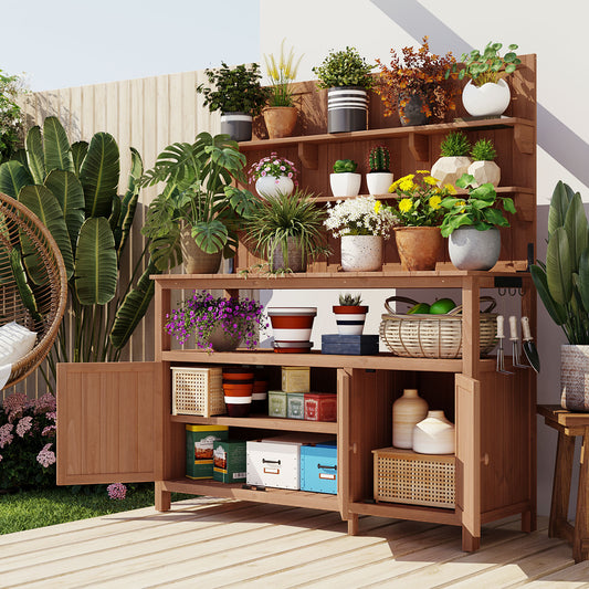 Potting Bench with Hutch, 50.2' Solid Fir Wood Garden Workstation, Large Countertop, 2 Shelves, 2 Cabinets, 3 Side Hooks, Outdoor Planting Table for Gardening, Natural