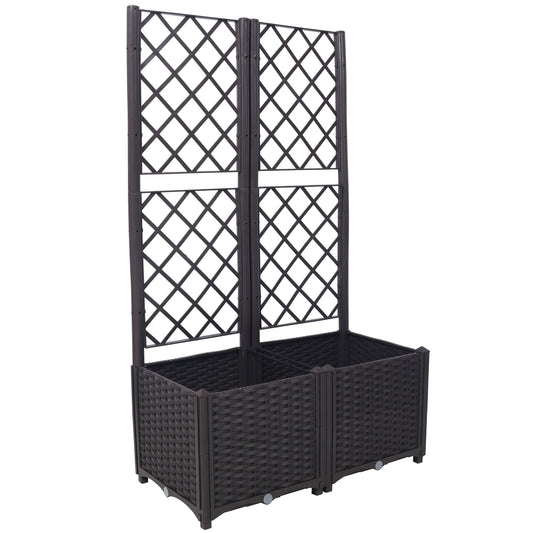 Poly Rattan Brown Trellis Raised Bed  with Drainage Plug - 2 Removable Pots with Large Flower Boxes - Built-in Support for Climbing Plants - Outdoor Patio Garden Decoration