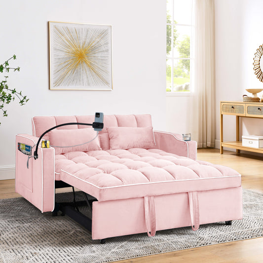 55.51 inch versatile foldable sofa bed in 3 lengths, modern sofa sofa sofa velvet pull-out bed, adjustable back and with USB port and ashtray and swivel phone stand (PINK)