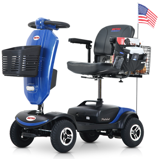 Outdoor compact mobility scooter with windshield ,300W Motor, Travel - Long Range Power Extended Battery with Cup holders , Storage Bag, Rear Basket & USB charger port, BLUE