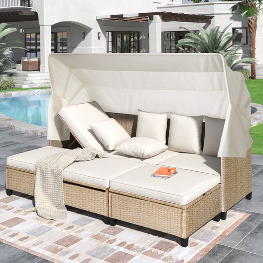 4 Piece UV-Proof Resin Wicker Patio Sofa Set with Retractable Canopy, Cushions and Lifting Table,Beige